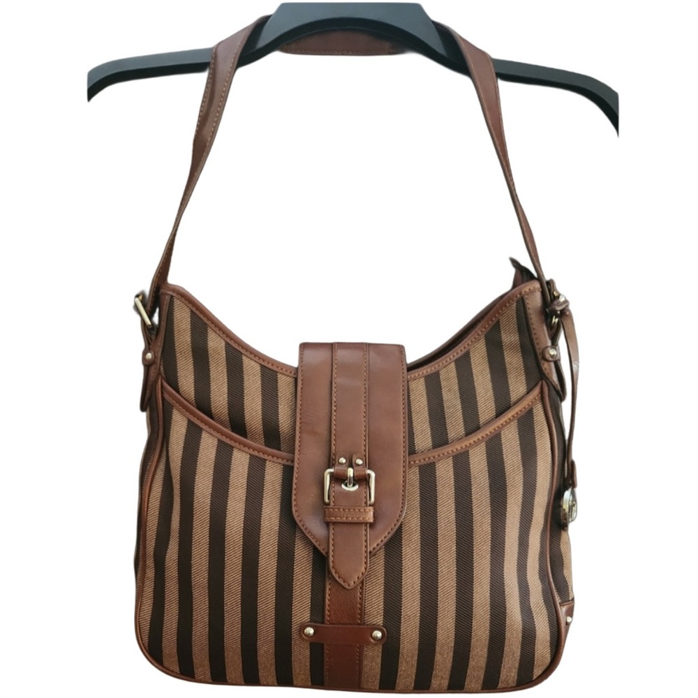 Etienne Aigner Brown and Tan Shoulder Bag with Striped Design